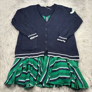 Anthropologie Women's L Navy Green Slouchy Varsity Twofer Cardigan Dress Preppy